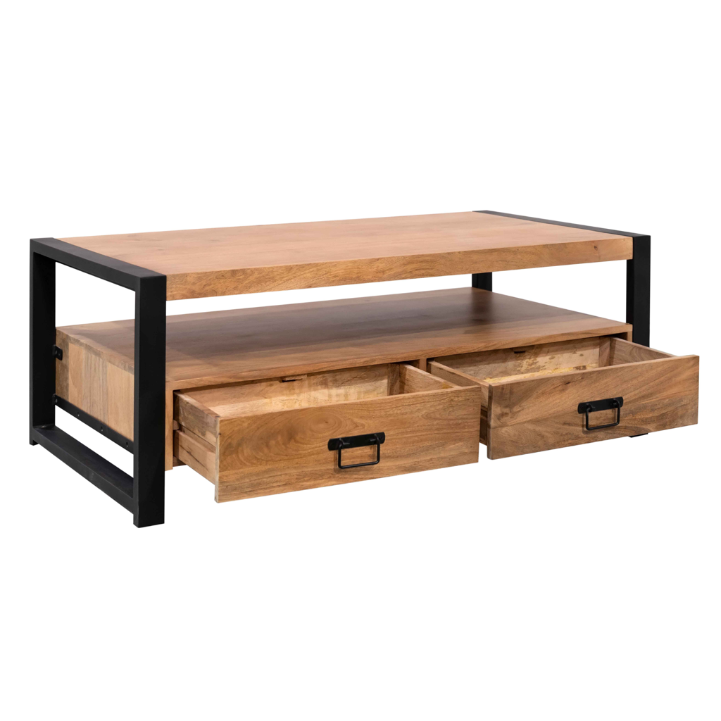 Couchtisch Bori – Rechteckiger Tisch aus Mangoholz & Metallgestell, 120 x 60 x 45 cm