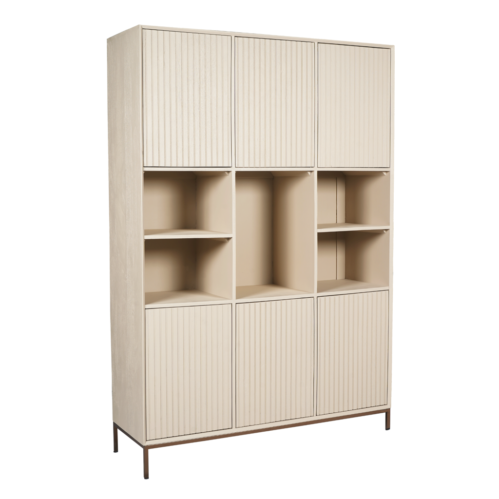 Regal Mandy XL Sand – Mangoholz mit Sand-Finish, bronzefarbenem Metallrahmen, 5 offene Fächer & 6 Türen, 135 x 45 x 200 cm