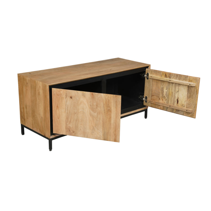 TV-Kommode Rois – Mangoholz Lowboard mit schwarzem Metallrahmen, 120×55×45 cm, 2 grifflosen Türen im modernen Design