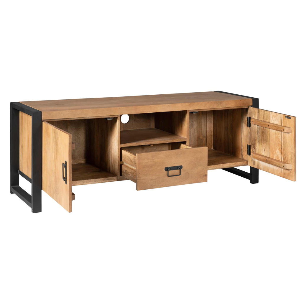 TV-Board Bori Natur – Lowboard aus Mangoholz & Metall mit 2 Türen, Fach & Schublade, schwarzer Rahmen, modern & robust