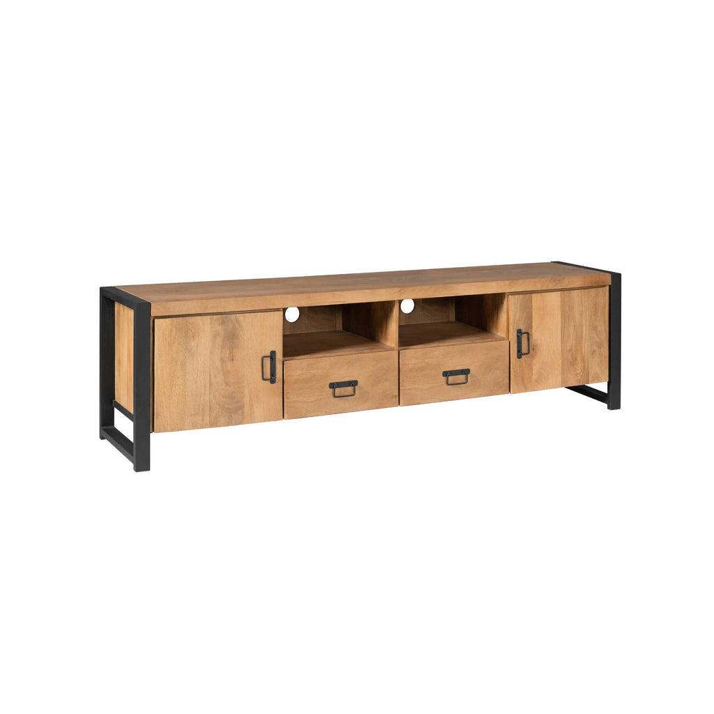 TV-Board Bori Natur– Mangoholz Lowboard mit 2 Türen, Fach & 2 Schubladen, 200×45×55 cm