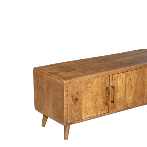 TV-Board Raven – TV-Schrank aus Mangoholz 240×50×45 cm mit 2 offenen Fächern, 3 Türen & lackierten Holzstreifen im modernen Design