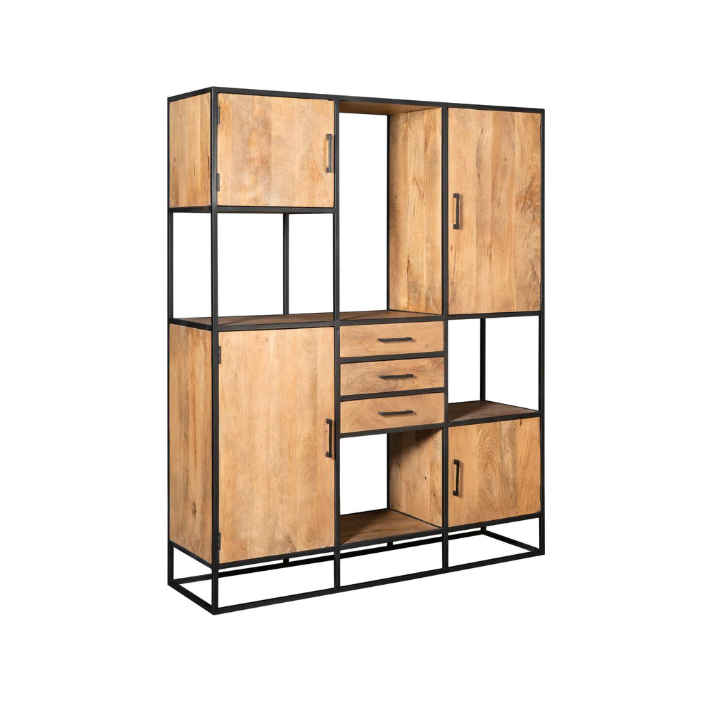 Regalschrank Delta Natur Supreme XXL – Wandschrank aus Mangoholz mit Metallgestell, 2 große & 2 kleine Türen, 3 Schubladen, 160 x 45 x 200 cm