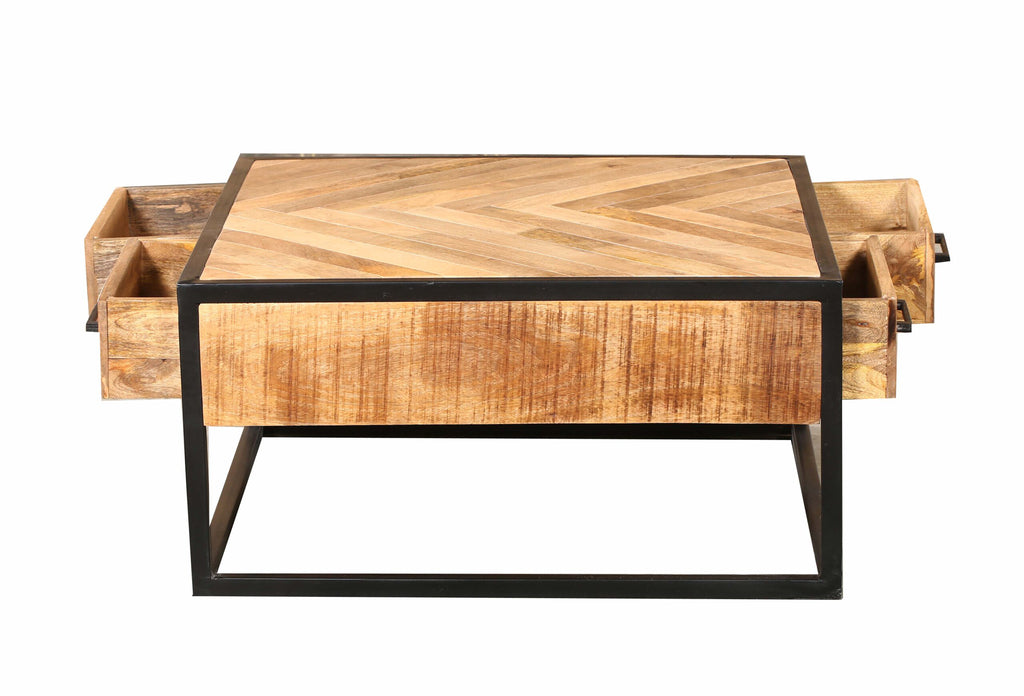 Couchtisch Aloy 80x80x40 cm – quadratischer Wohnzimmertisch aus Mangoholz mit Fischgrätmuster & 4 Schubladen
