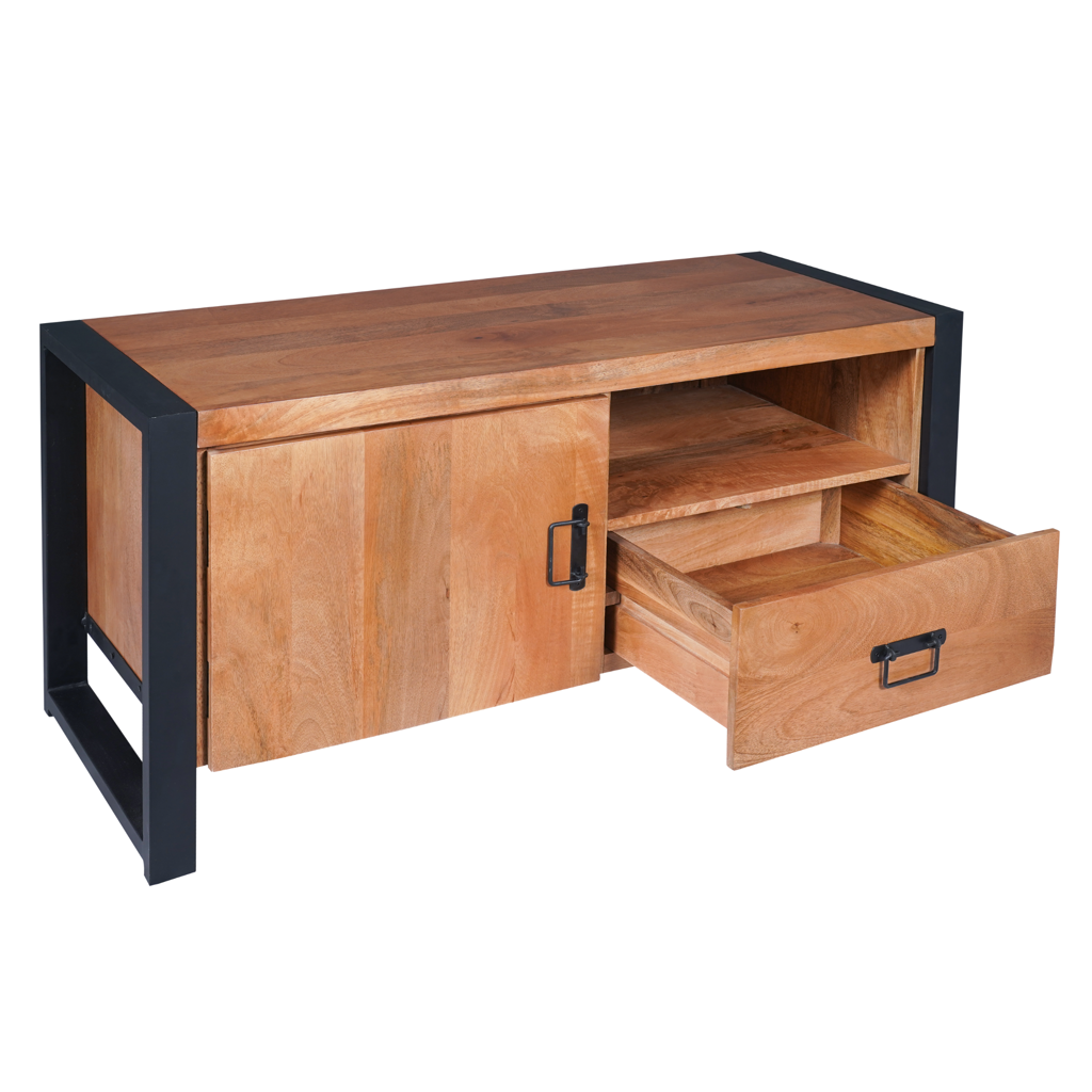 TV Board Bori Natur – Massivholz Lowboard aus Mangoholz & Metall, 110 x 45 x 55 cm, mit Tür & offenem Fach