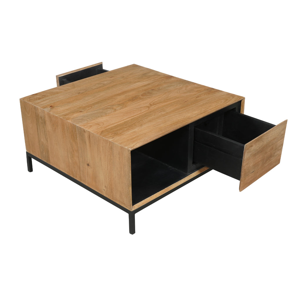 Couchtisch Rois – quadratischer Mangoholz Tisch 80×40×80 cm mit 2 Schubladen, offenem Fach & Metallrahmen