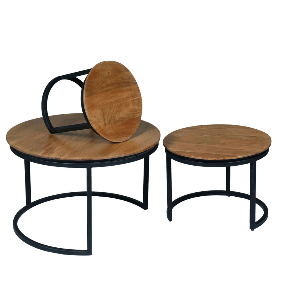 Couchtisch-Set Rois 3er-Set rund aus Mangoholz 70/50/35 cm – moderne Wohnzimmertische mit Strukturfront & Metallgestell
