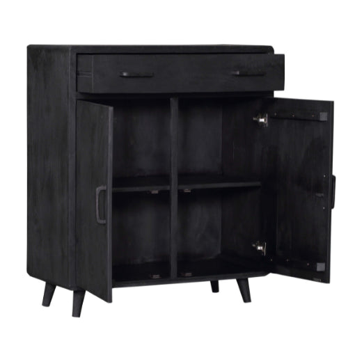 Schrank Raven Schwarz – Mangoholz Highboard mit 2 Türen & 1 Schublade, 100×45×115 cm, modernes Design mit Holzintarsien