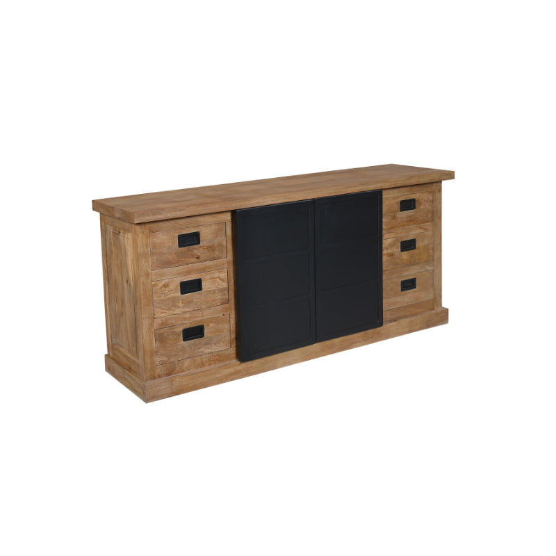 Sideboard Nizza – lackiertes Mangoholz & schwarze Metalltüren, 200 x 45 x 90 cm, modernes Design mit Holzstreifen