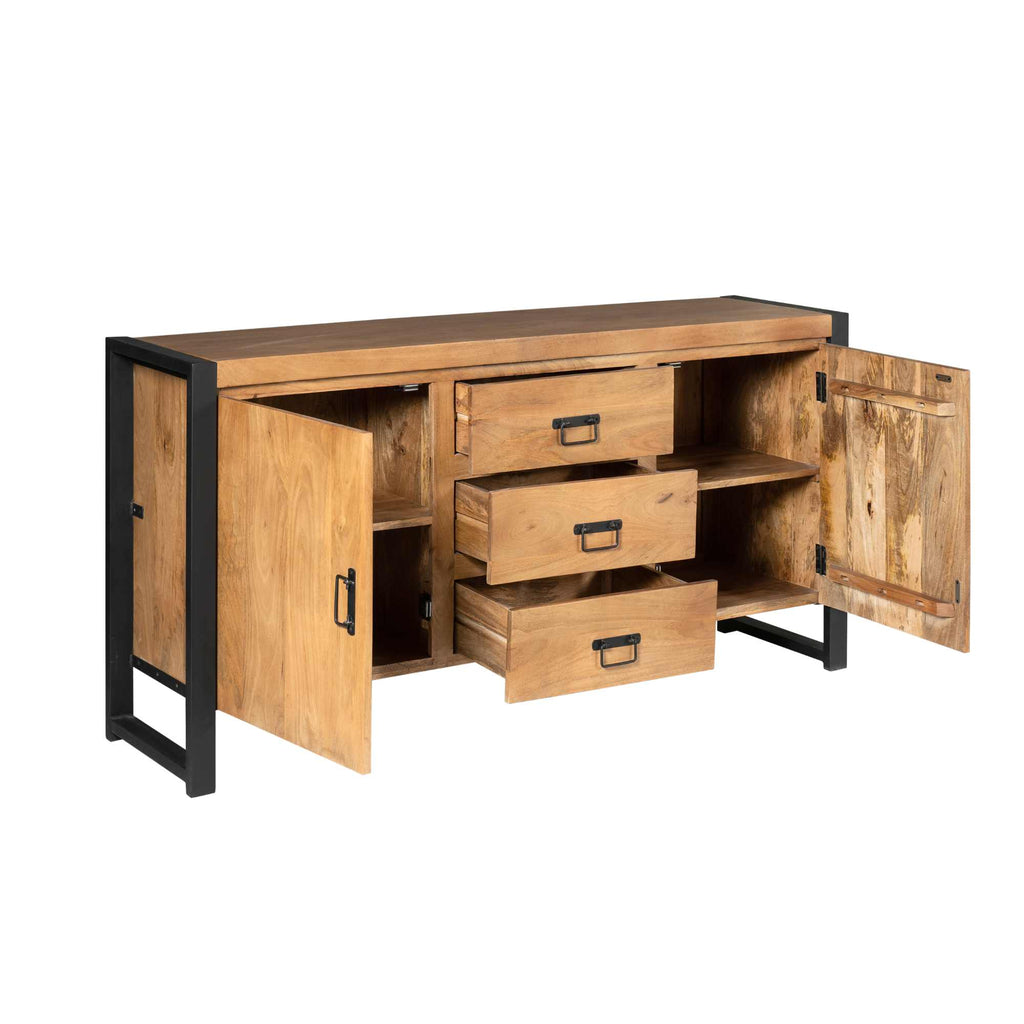 Sideboard Bori Natur – Mangoholz Kommode mit Metallrahmen & Lamellen-Optik, 160×80×40 cm, 2 Türen, 3 Schubladen & Regalfächer