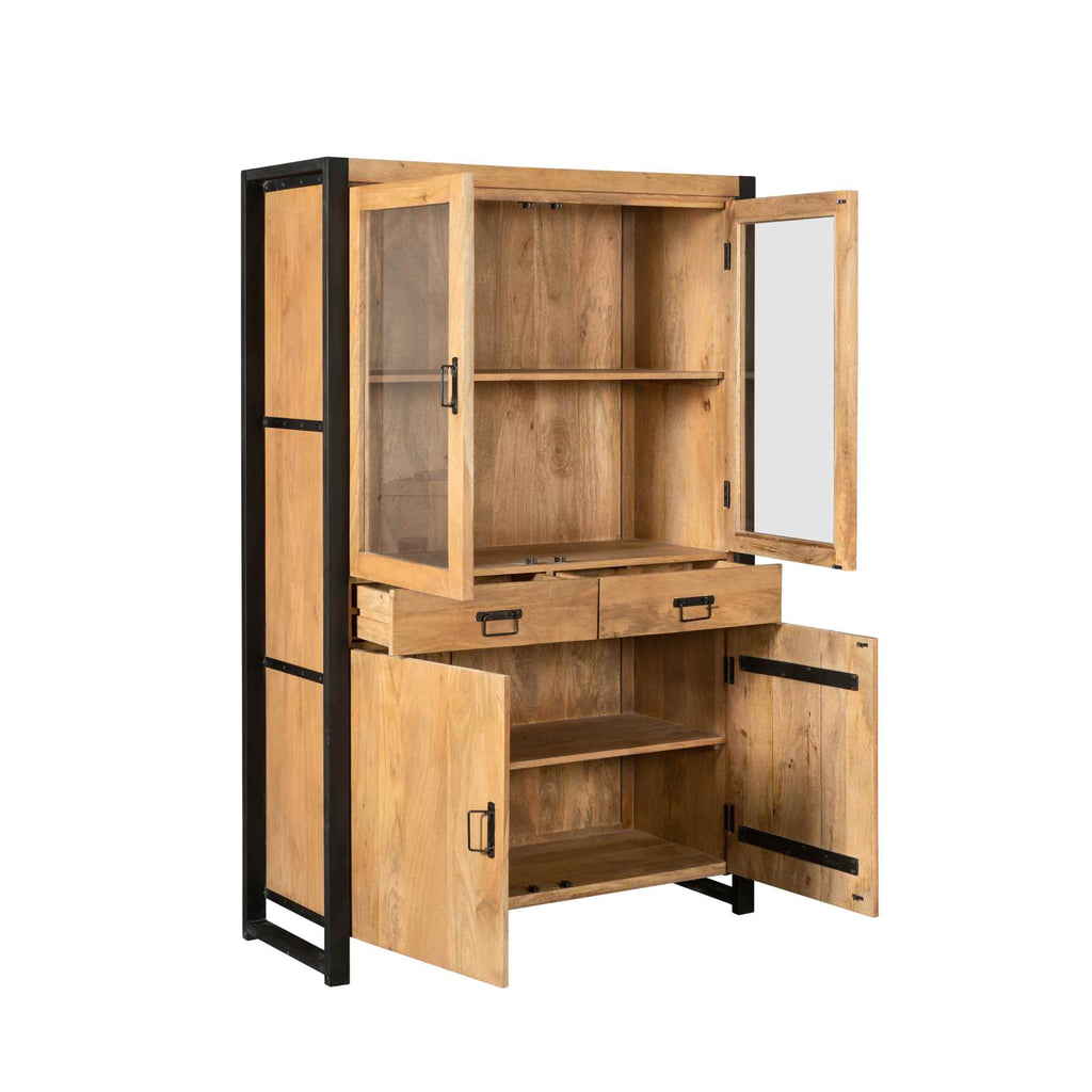 Vitrinenschrank Bori 115x45x180 cm – modernes Mangoholz-Highboard mit Metallrahmen & viel Stauraum