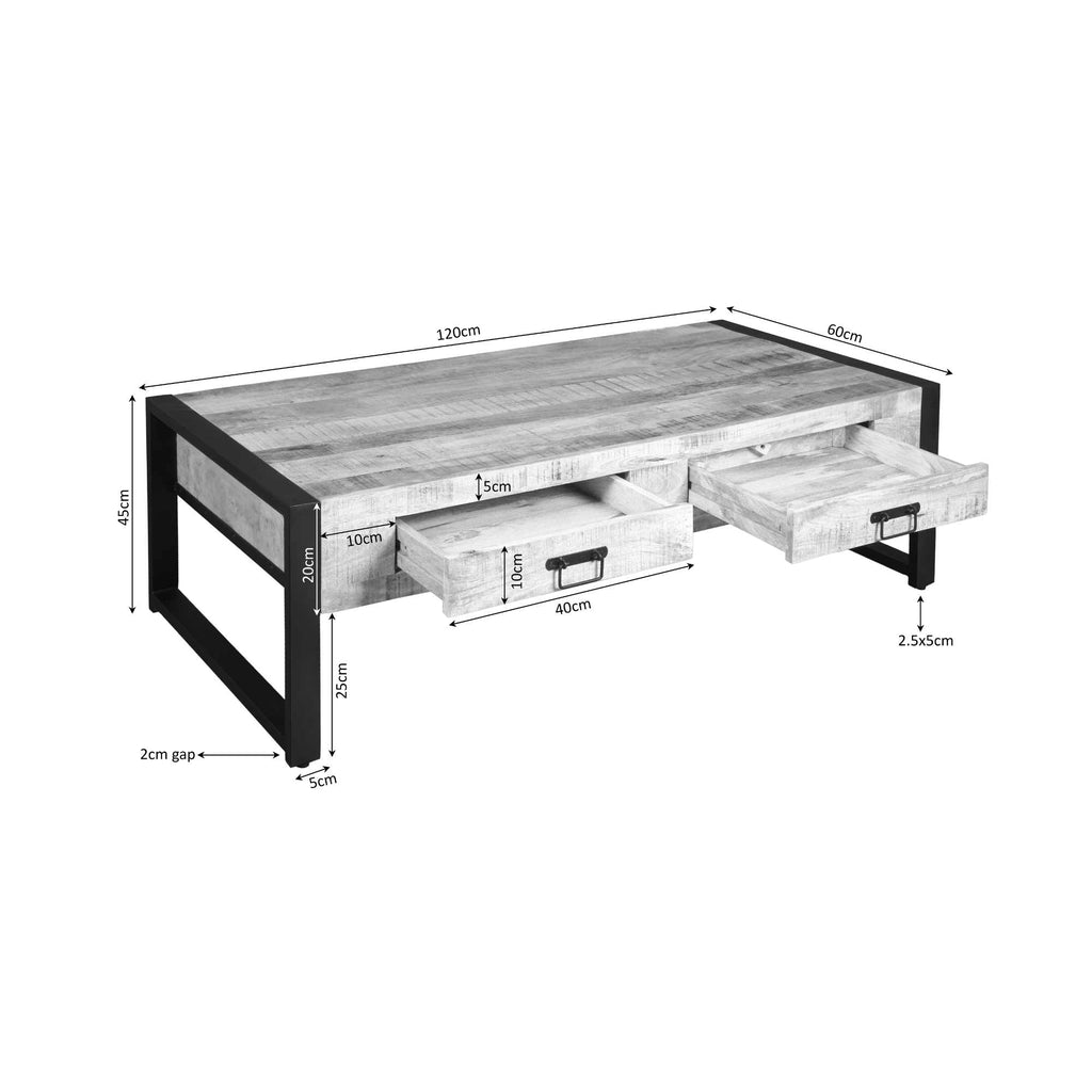 Beistelltisch Bori – Mangoholz & Metall, klar/schwarz lackiert, 120×60×45 cm mit Schubladen