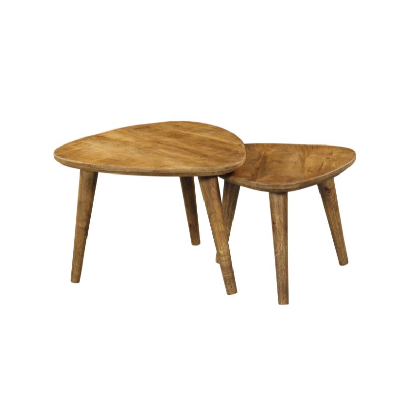 Couchtisch-Set Raven – 2er Set Massivholz-Tische in Dreiecksform, Mangoholz mit Holzbeinen, 60/50×60/50×45/40 cm