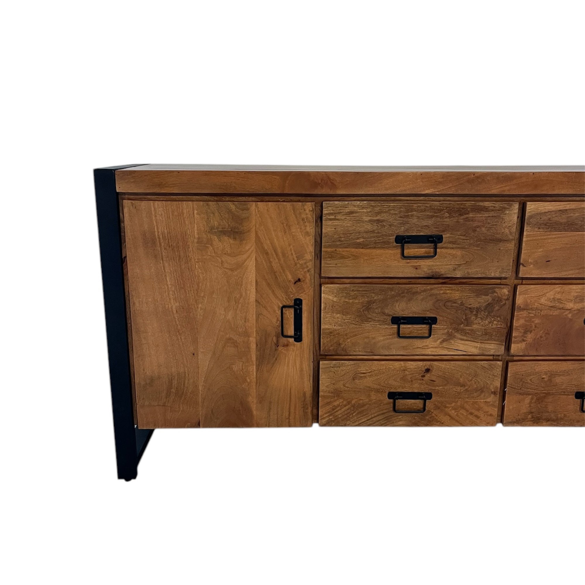 Sideboard Bori Natur – modernes Mangoholz in warmem Finish mit schwarzem Metallgestell, 2 Türen & 6 Schubladen, 200 x 40 x 80 cm