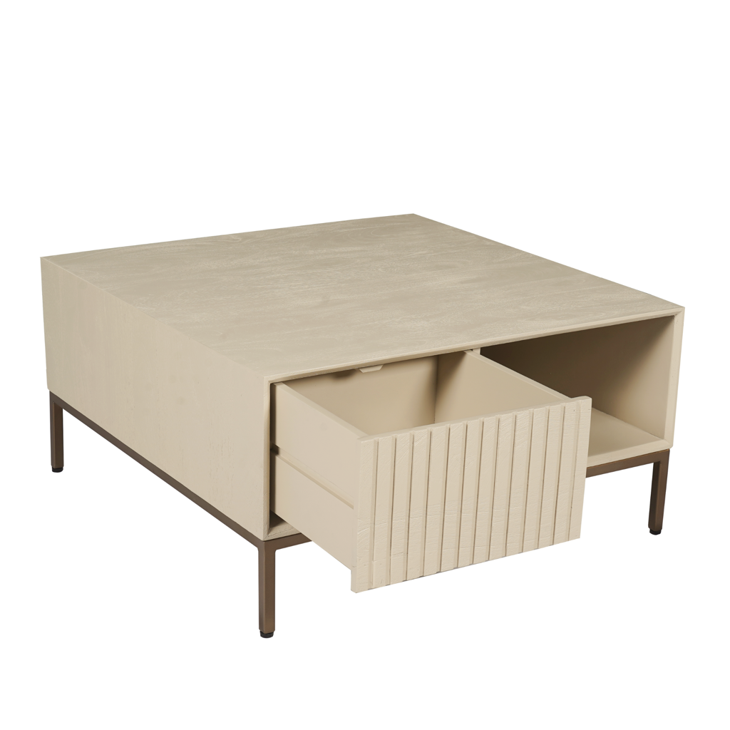 Couchtisch Mandy Sand 80x80x40 cm – Mangoholz mit Schubladen & bronzefarbenen Metallbeinen