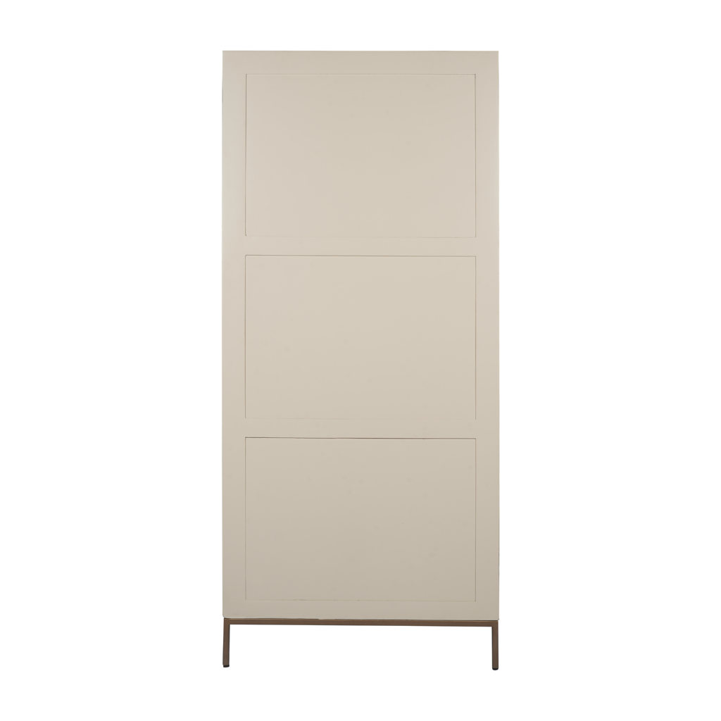 Regalschrank Mandy Sand – Mangoholz mit Lamellenmuster & bronzefarbenem Gestell, 90 x 45 x 200 cm