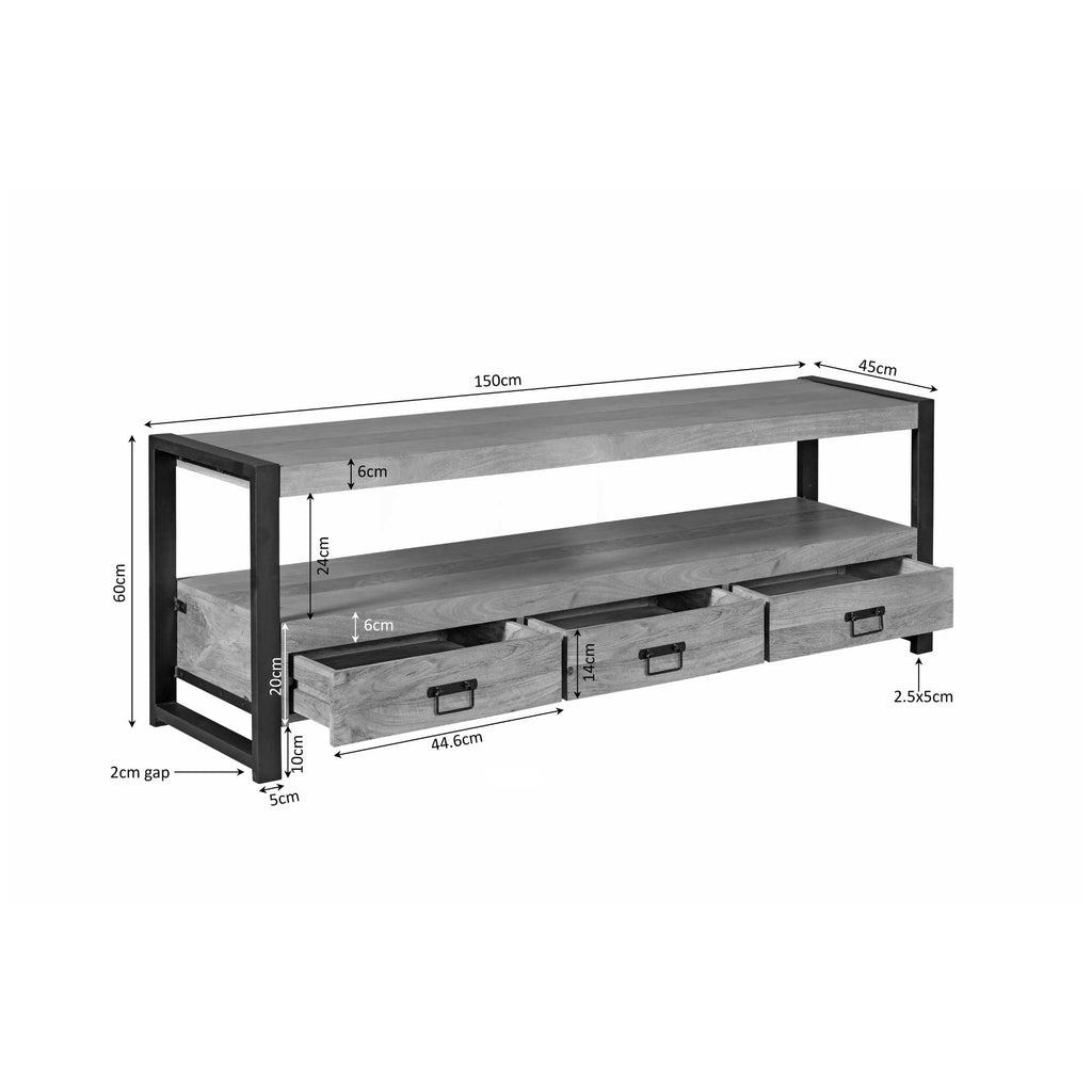 TV-Board Bori Natur – Mangoholz TV-Schrank 150×60×45 cm mit 3 Schubladen, offenem Fach & Metallgestell im modernen Design