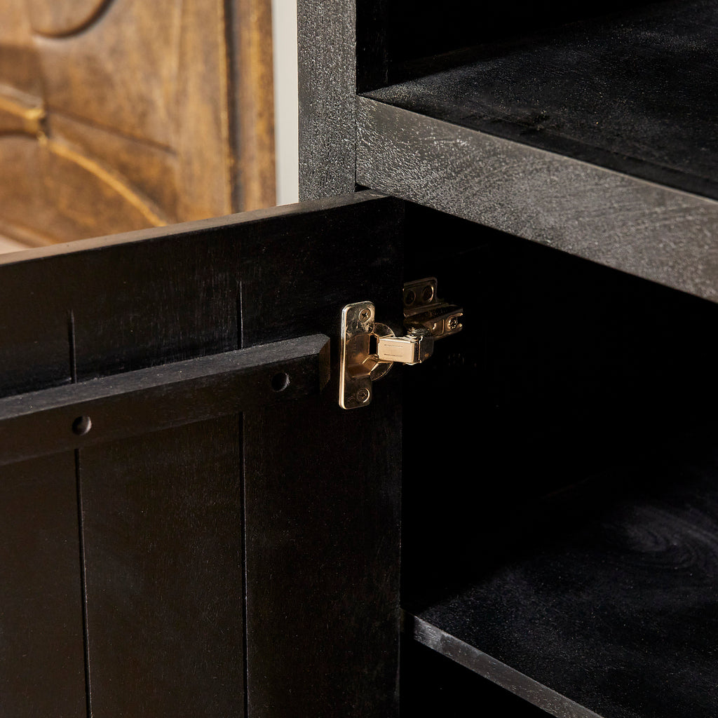 Bücherregal Bali Schwarz – Mangoholz mit modernem Design, 5 offene Fächer & 2 Türen mit Push-to-Open, 90 x 45 x 200 cm