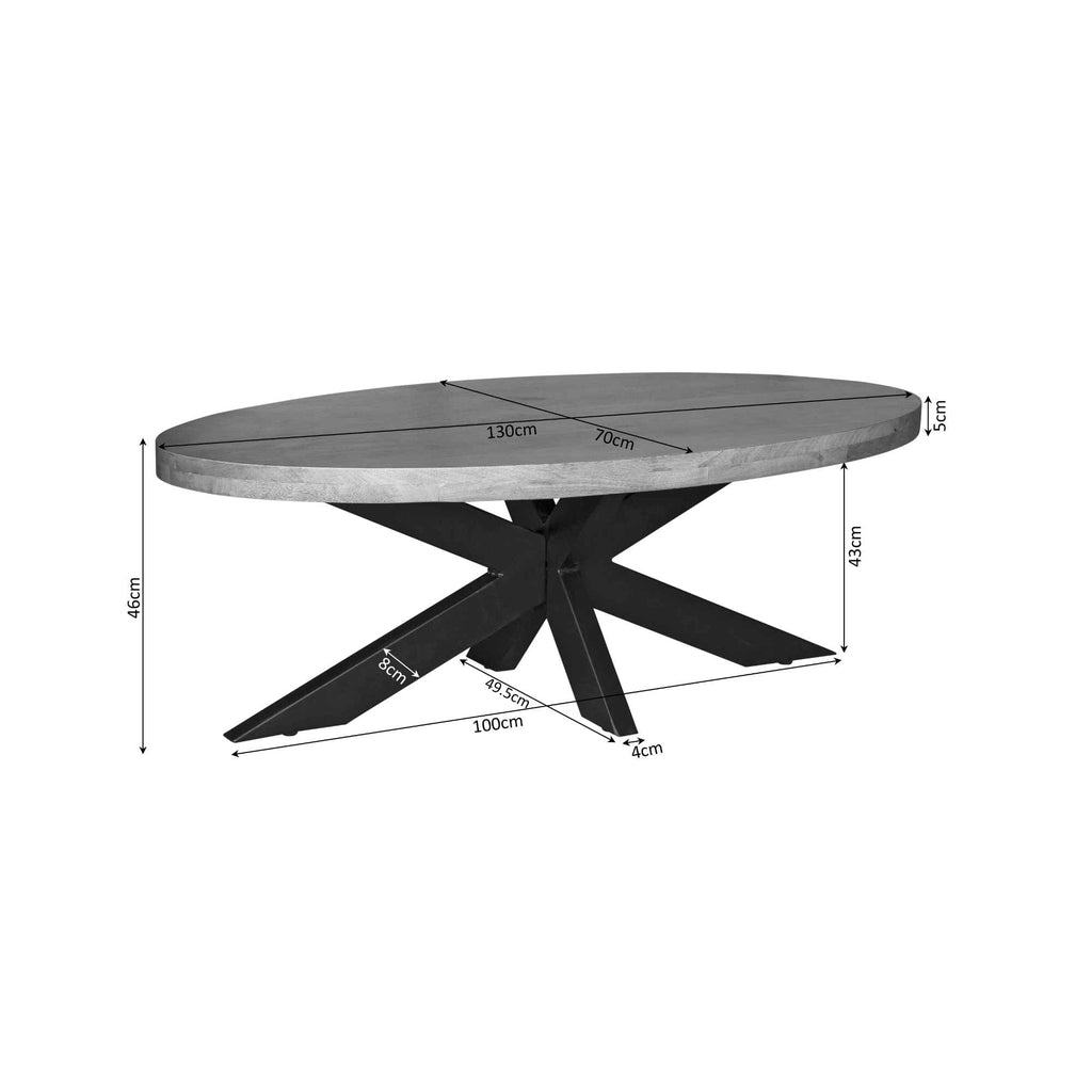 Couchtisch Delta Natur 130x70x46 cm Natur – ovaler Couchtisch aus Mangoholz mit Metallgestell