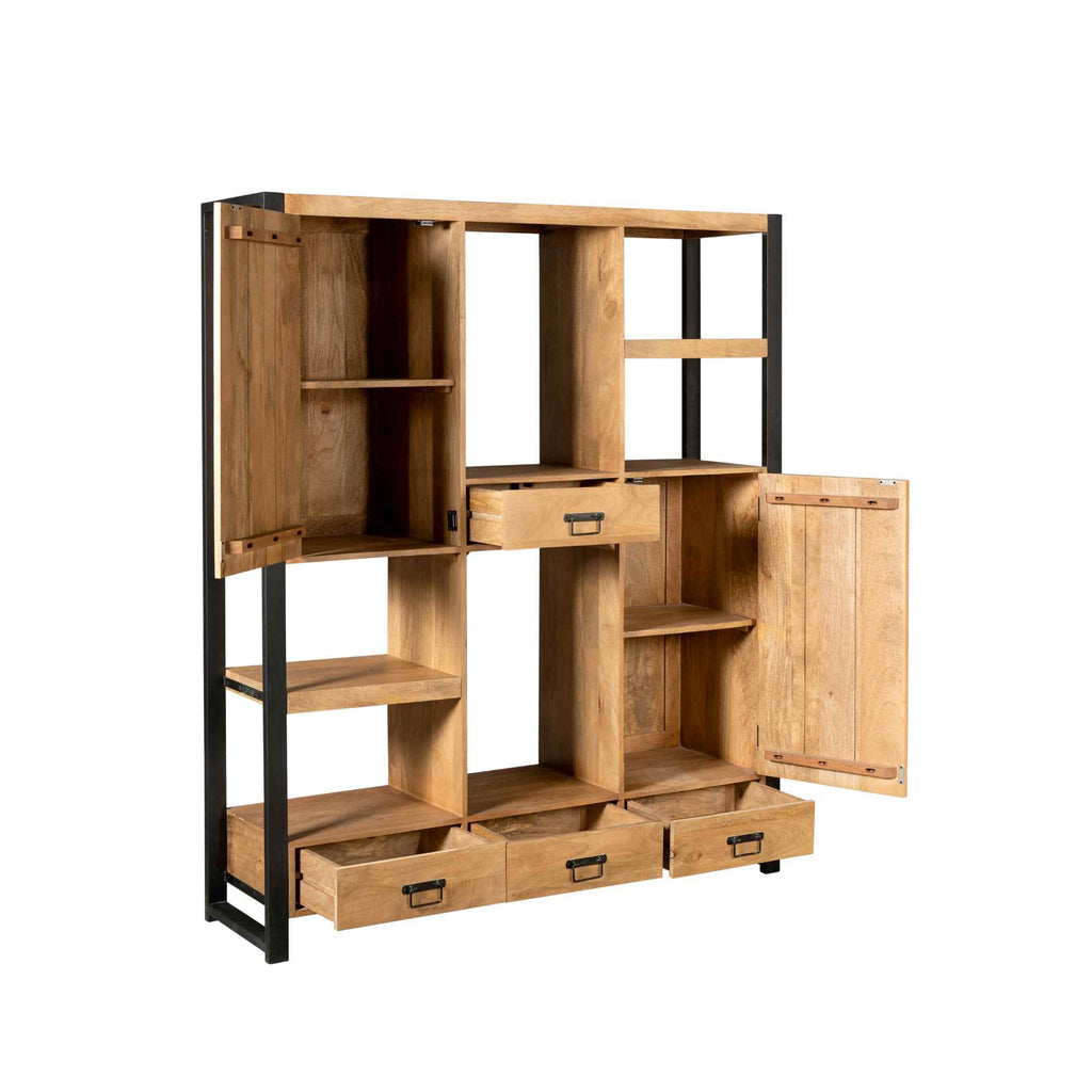 Schrank Bori Mangoholz & Metall 150x40x180 cm – modernes Aufbewahrungsregal mit Schubladen, Türen & Fächern