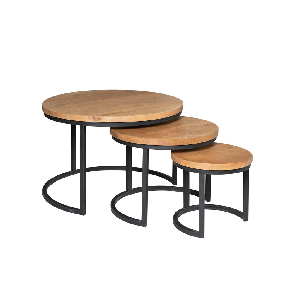 Couchtisch-Set Delta – 3 runde Tische aus Mangoholz & schwarzem Stahlrahmen, Ø70/50/35 cm, Höhe 45/38/31 cm