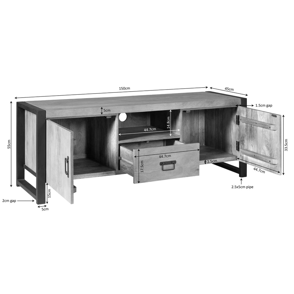 TV-Board Bori Natur – Lowboard aus Mangoholz & Metall mit 2 Türen, Fach & Schublade, schwarzer Rahmen, modern & robust