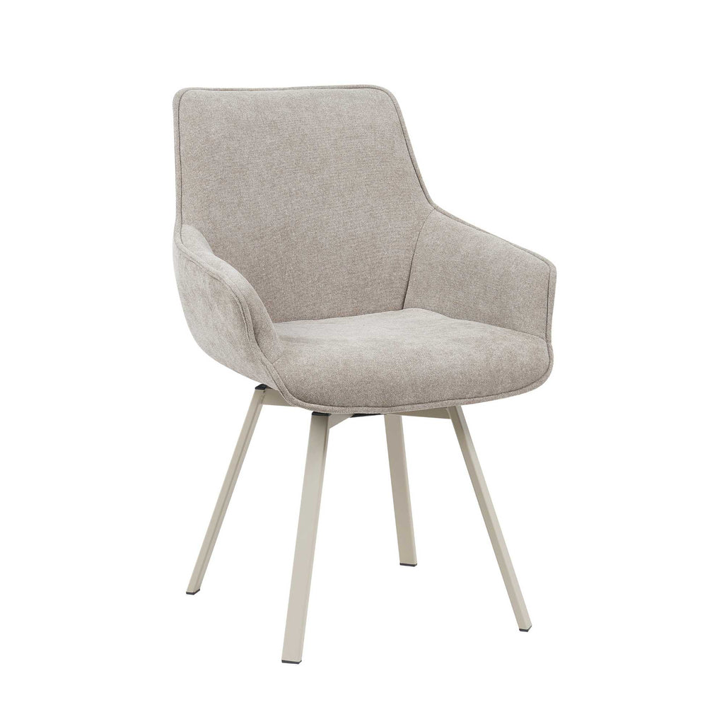 Esszimmerstuhl Mees Taupe – drehbarer Stoffstuhl mit Armlehne & hellem Metallgestell, modern & komfortabel