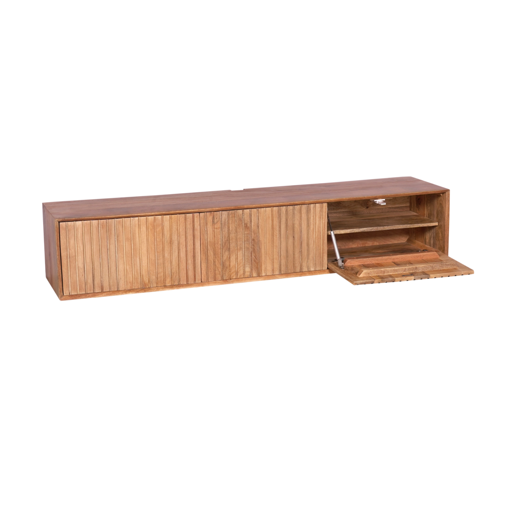 TV Board Mandy Naturel hängend – Lowboard aus massivem Mangoholz mit Lattenmuster & Push-to-Open, 280x35x30 cm
