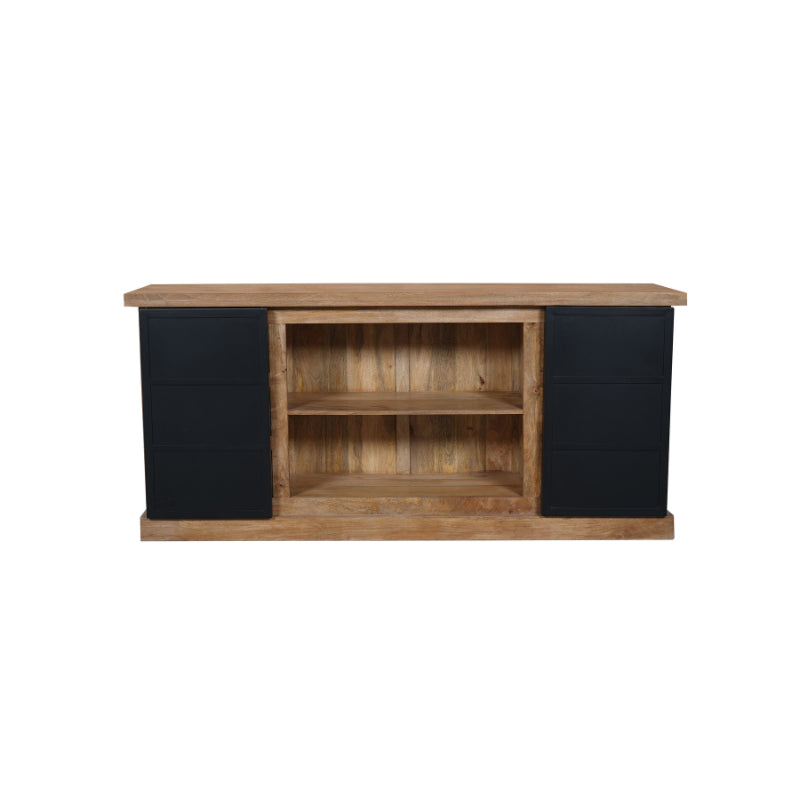 Sideboard Nizza – lackiertes Mangoholz & schwarze Metalltüren, 200 x 45 x 90 cm, modernes Design mit Holzstreifen