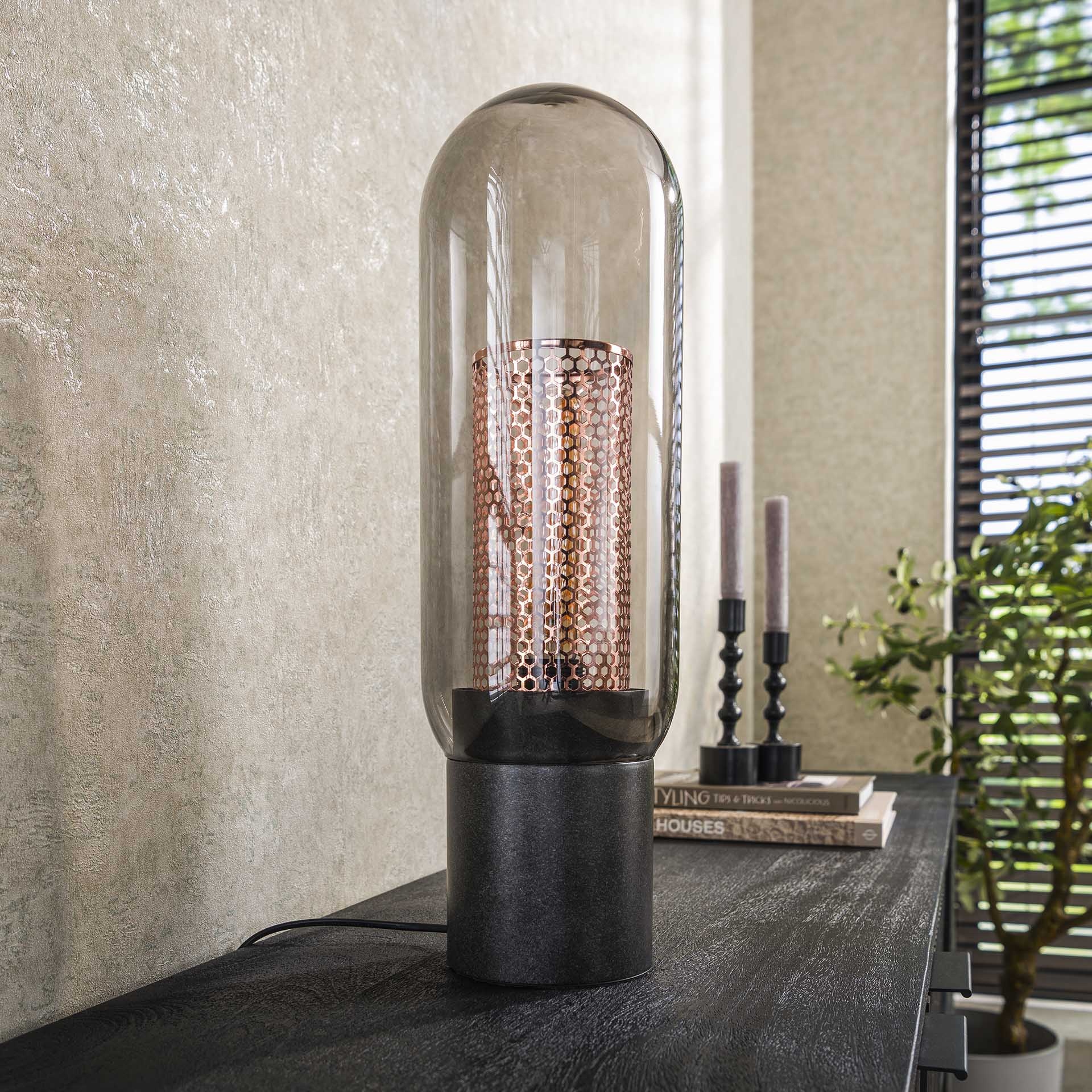 Tischleuchte Smoke Glas & Lochstahl Ø15×50 cm modern