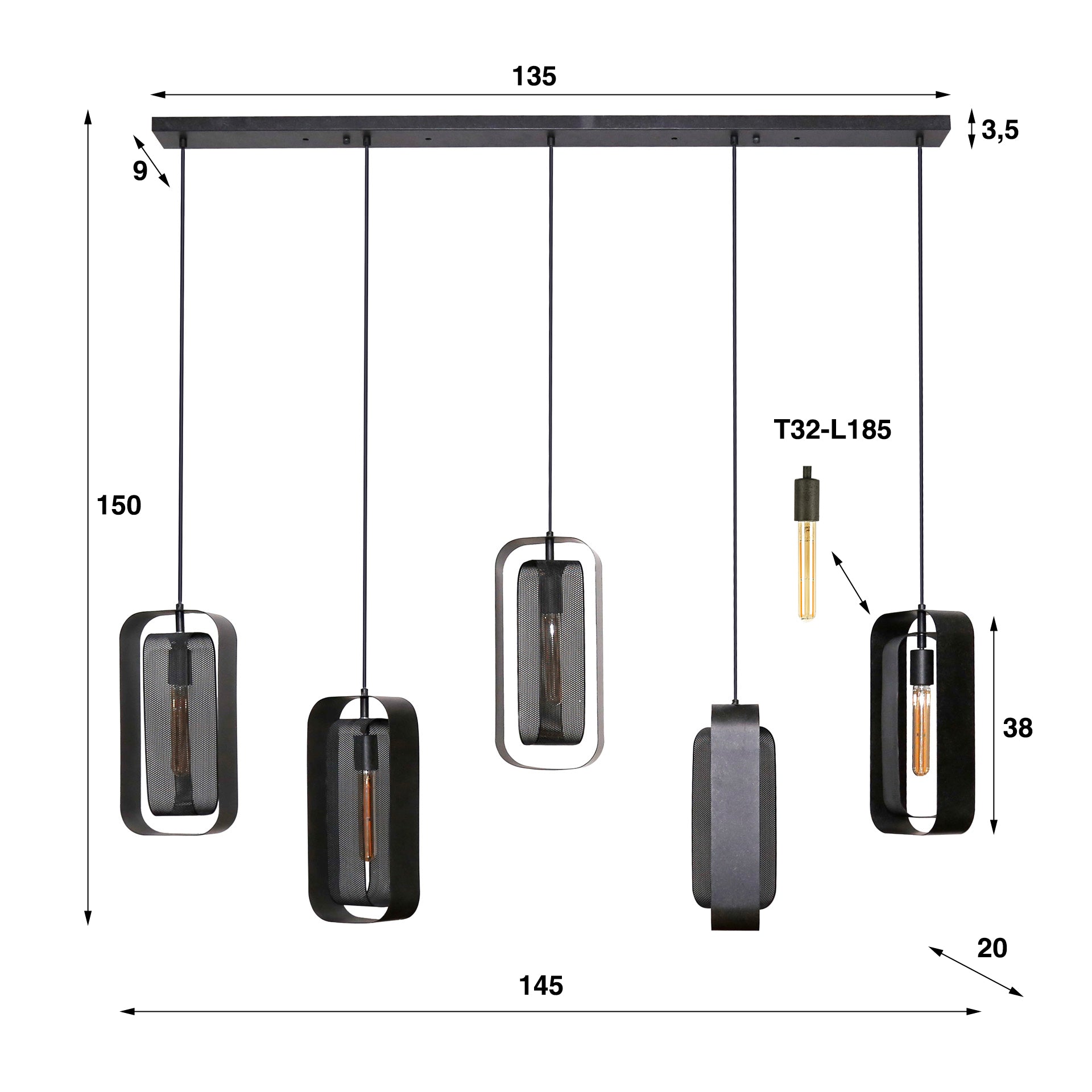 Hängeleuchte Mesh Rotate 5L 145×20×150 cm – Metall Schwarz