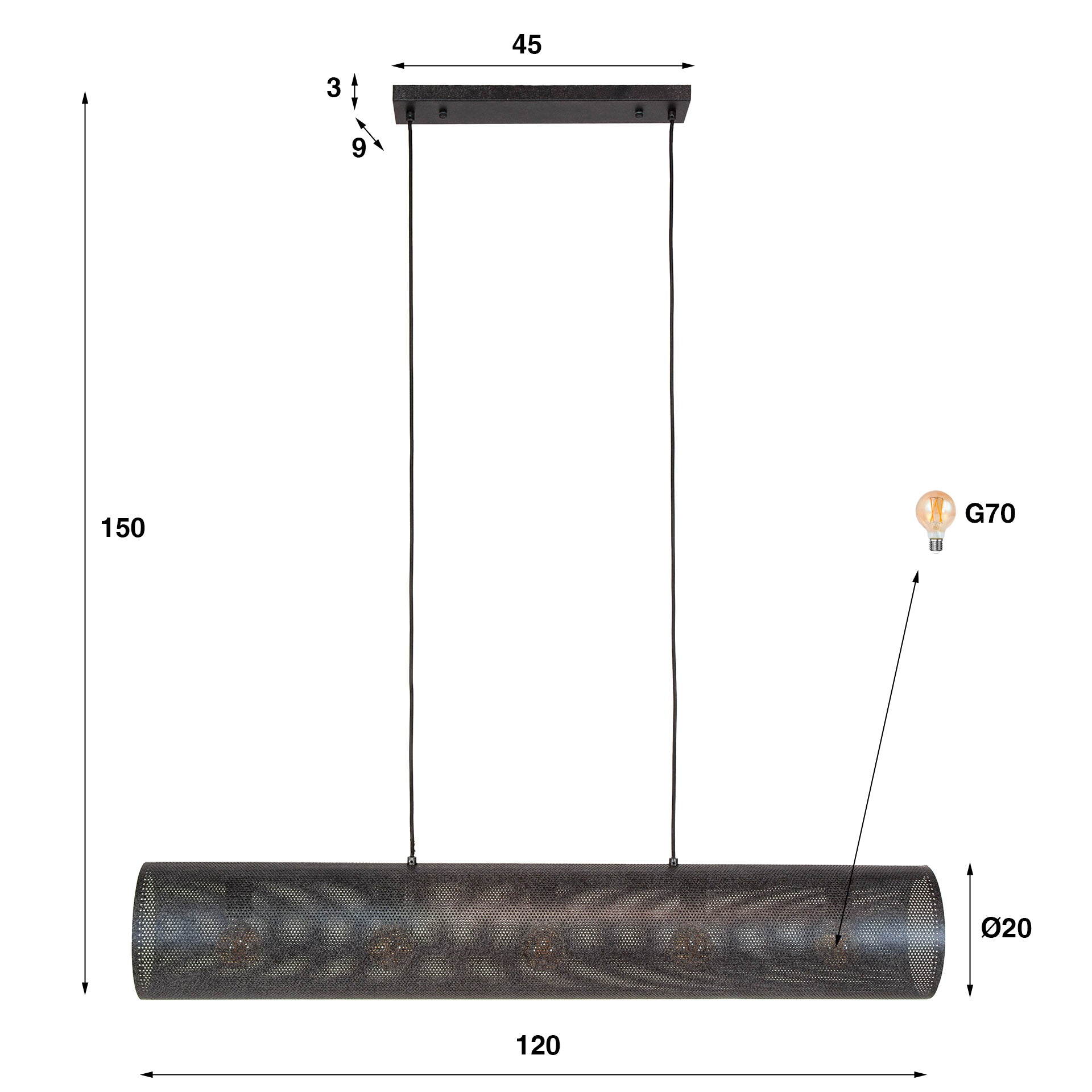 Hängeleuchte Rohr Mesh 120×20×150 cm – 5-flammig, Schwarz Metall