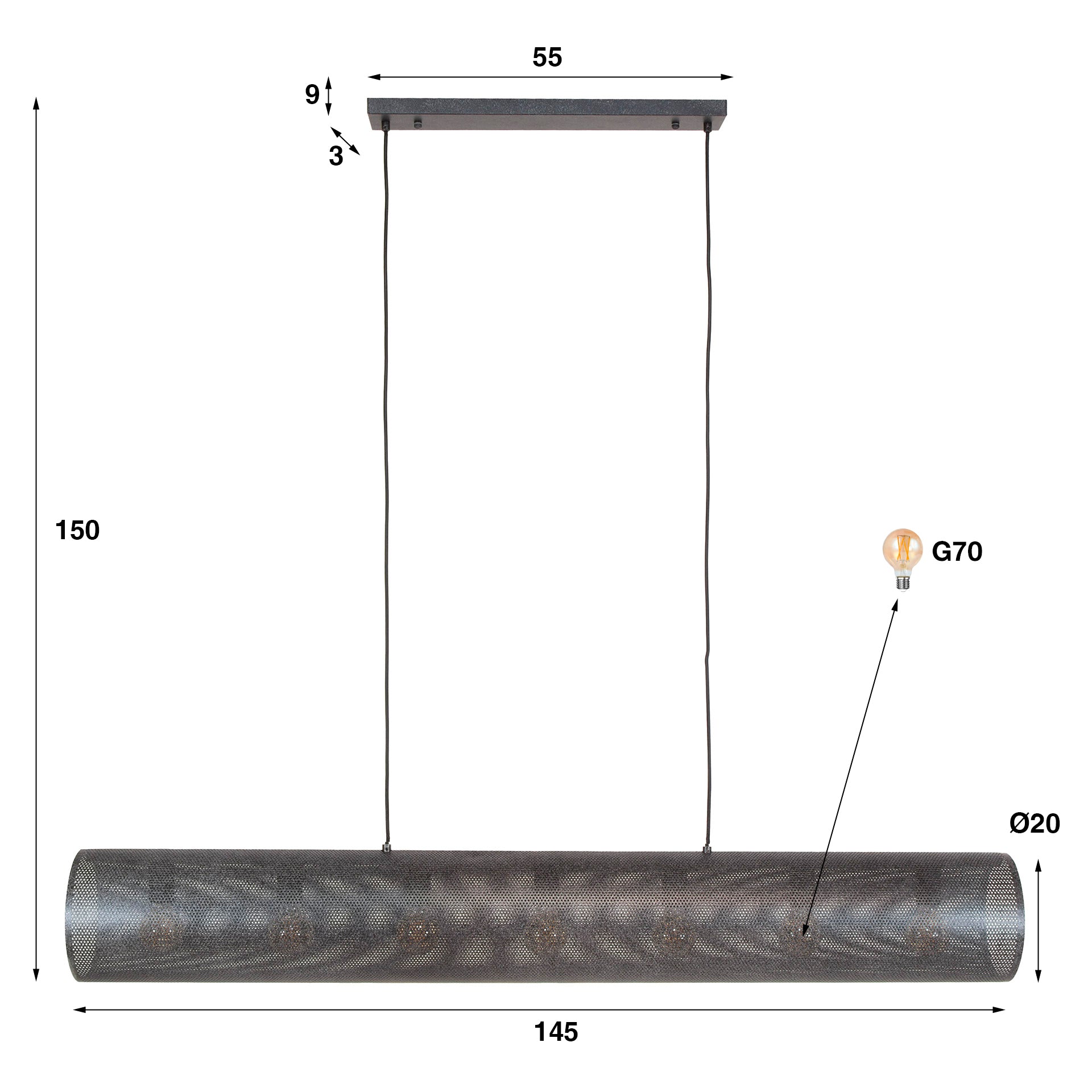 Hängeleuchte Rohr XL Mesh 145×20×150 cm – 7-flammig, Metall
