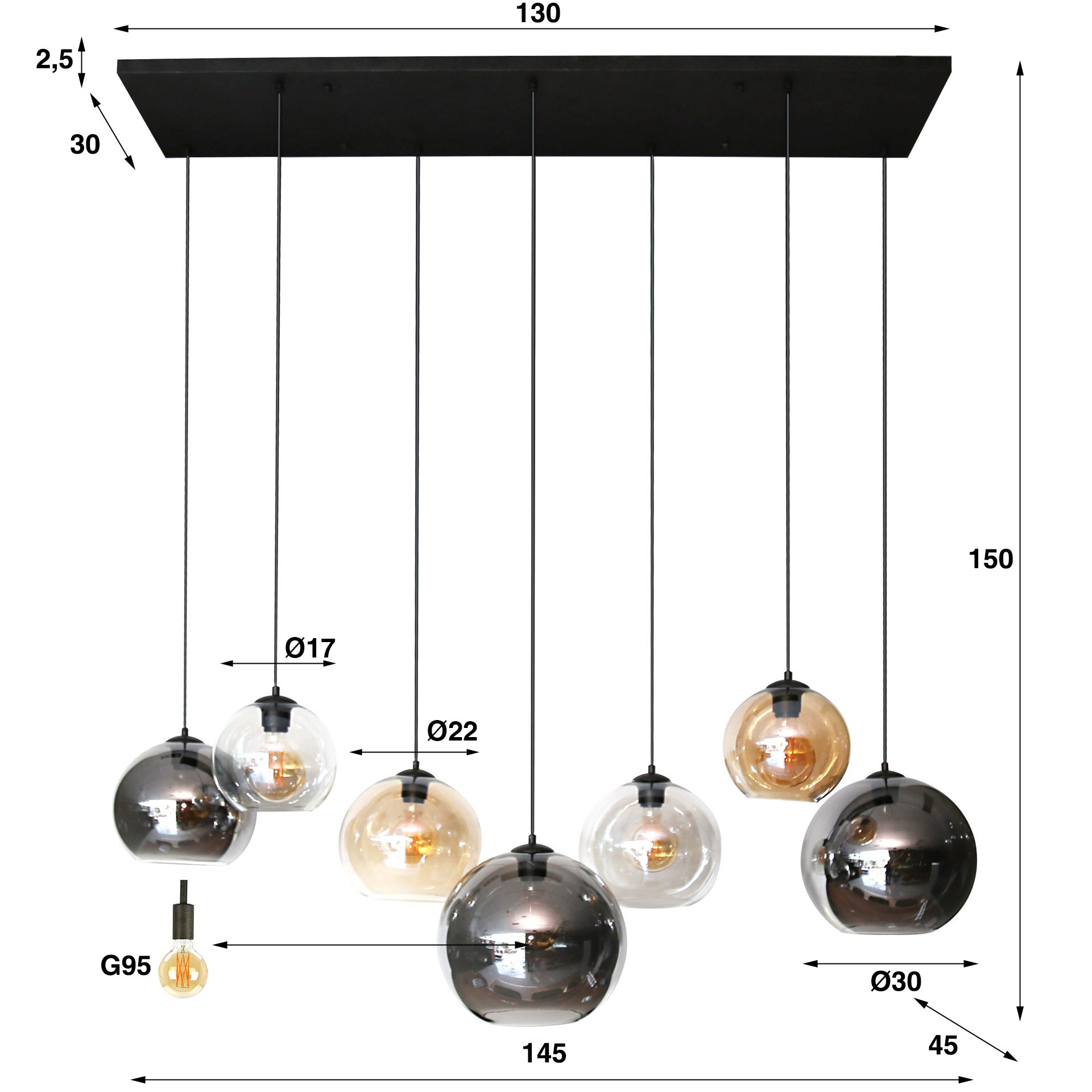 Hängeleuchte Lina Multi Globe XL 145×45×150 cm – Glas & Metall
