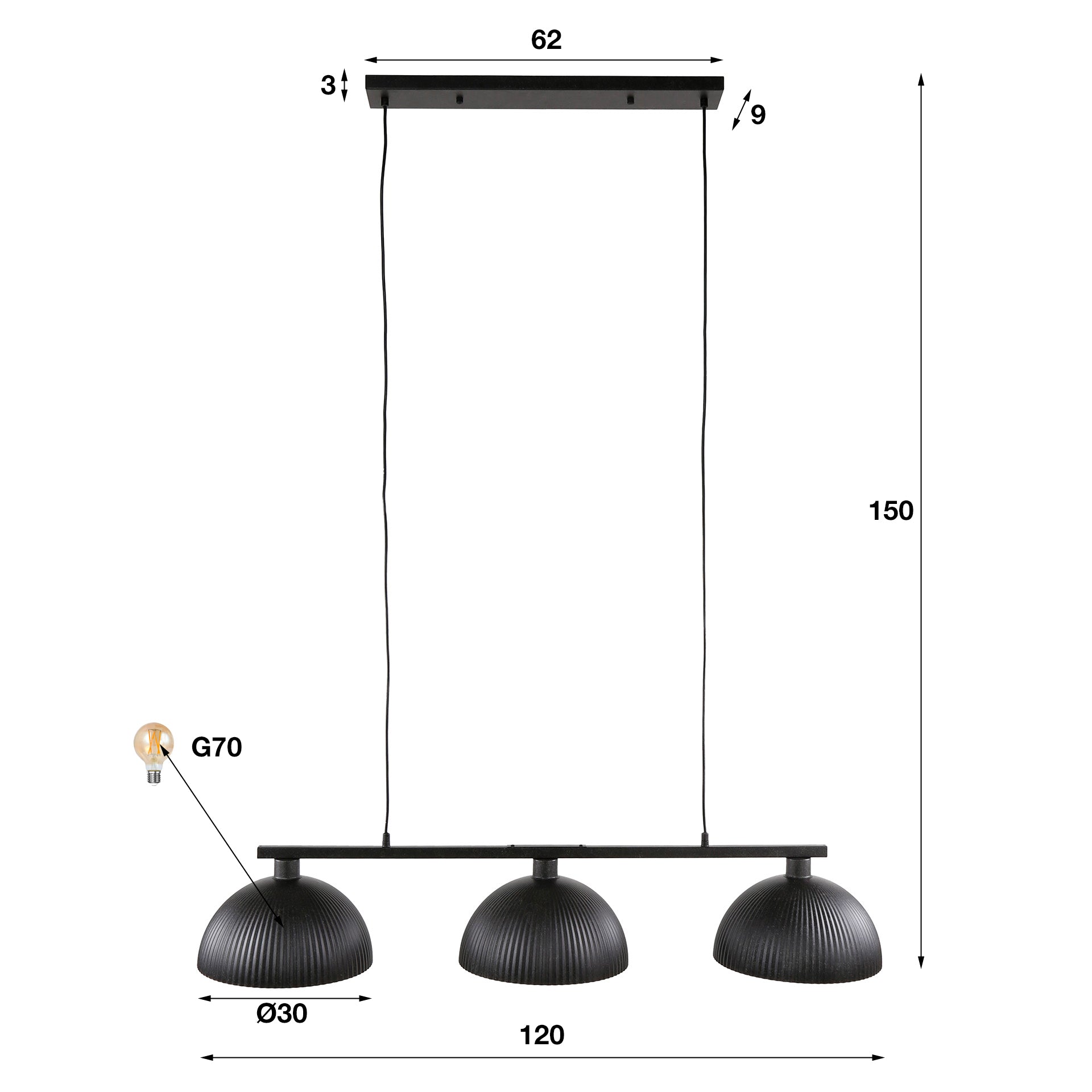 Hängelampe Scanalato 3L Halbrunde Kappe 120×30×150 cm – Leuchte