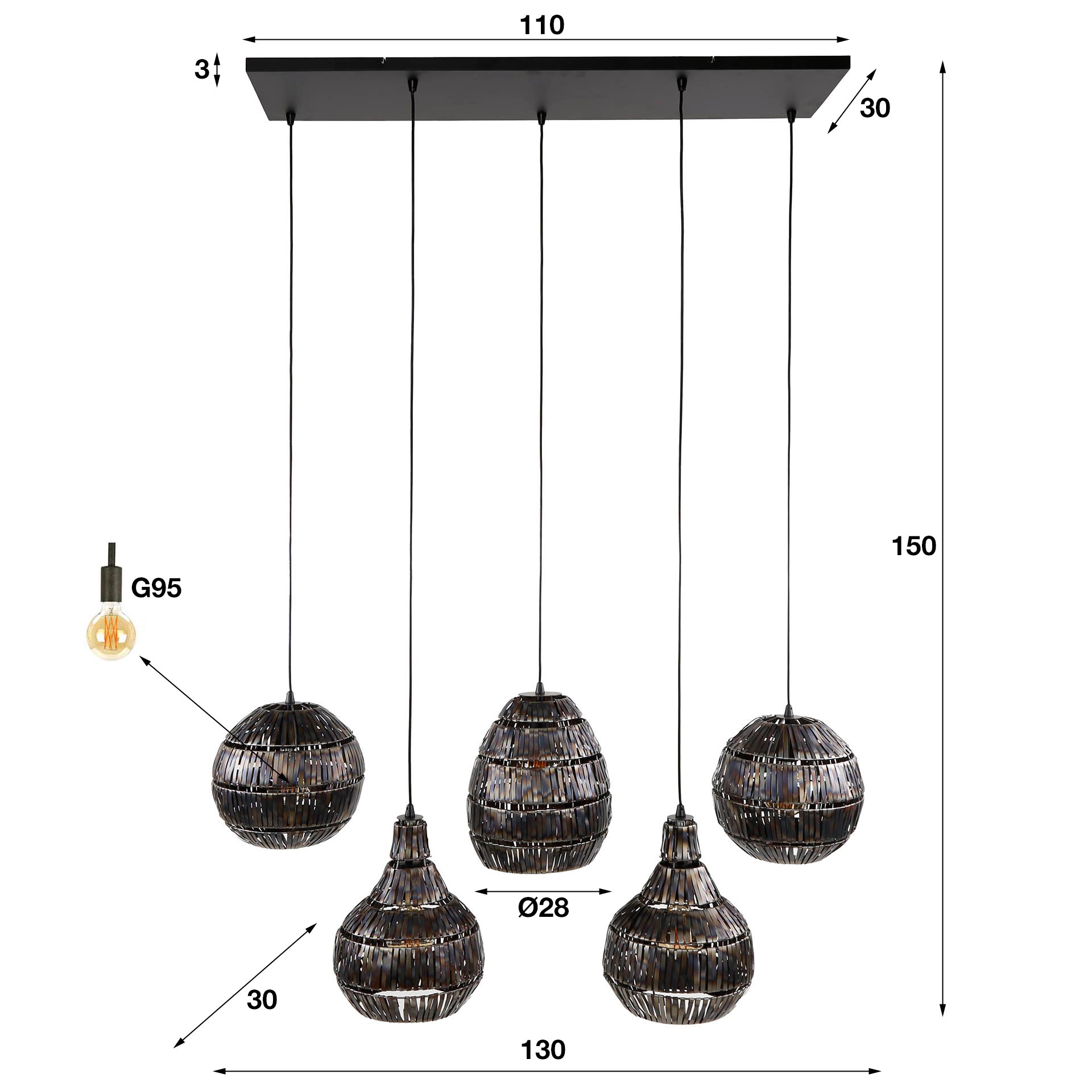 Hängelampe Bohomo 5-flammig Strip Multi Shade 130×30×150 cm – handgefertigte Metall-Leuchte, höhenverstellbar