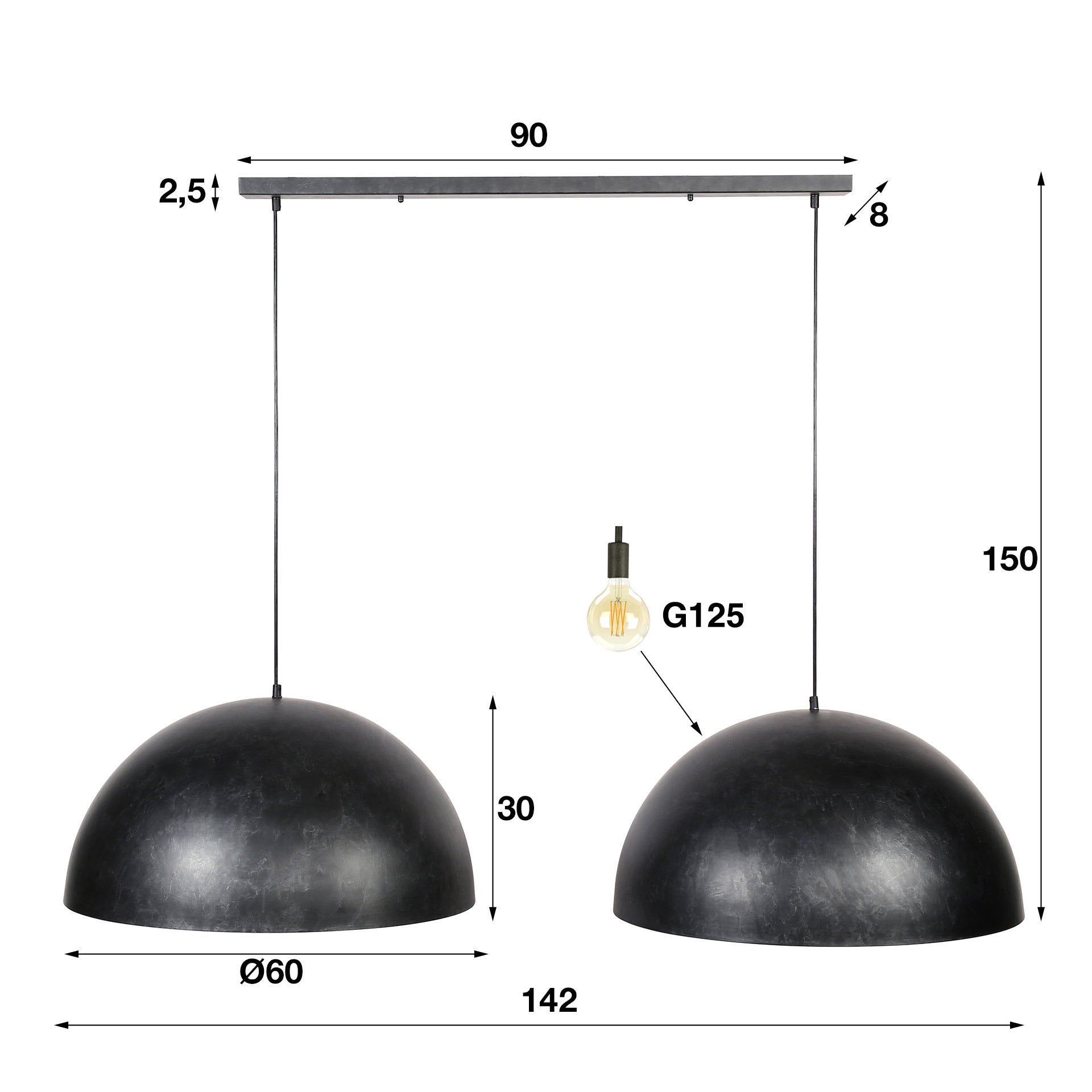 Hängelampe Cupola 2-flammig Ø60×30×150 cm – moderne Metall-Leuchte in Charcoal, höhenverstellbar