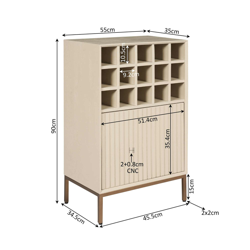 Weinschrank Mandy Sand – Mango Holz mit 15 Flaschenfächern & Tür im Lamellendesign, 55 x 35 x 90 cm