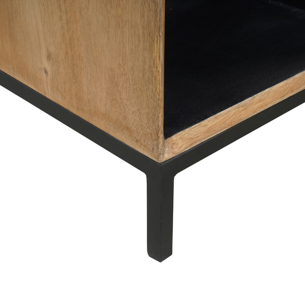 Couchtisch Rois – quadratischer Mangoholz Tisch 80×40×80 cm mit 2 Schubladen, offenem Fach & Metallrahmen