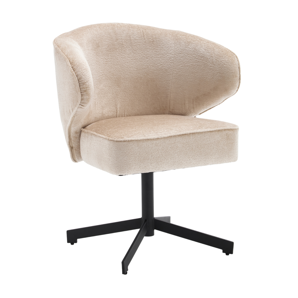 Esszimmerstuhl Persie Beige – Drehstuhl mit Armlehnen aus Loris-Stoff & schwarzem Metallgestell, 68×62×83 cm