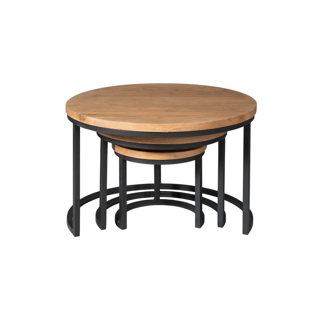 Couchtisch-Set Delta – 3 runde Tische aus Mangoholz & schwarzem Stahlrahmen, Ø70/50/35 cm, Höhe 45/38/31 cm