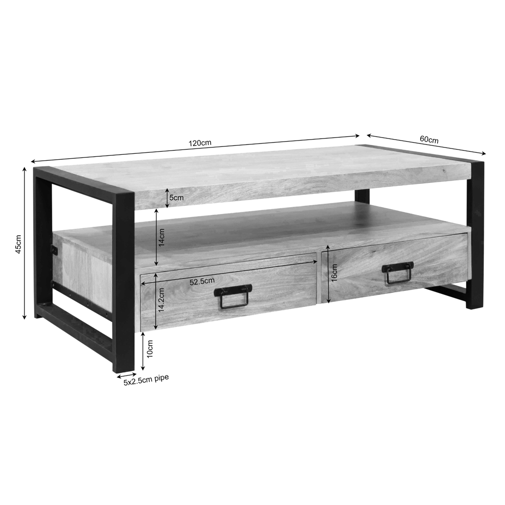 Couchtisch Bori – Rechteckiger Tisch aus Mangoholz & Metallgestell, 120 x 60 x 45 cm