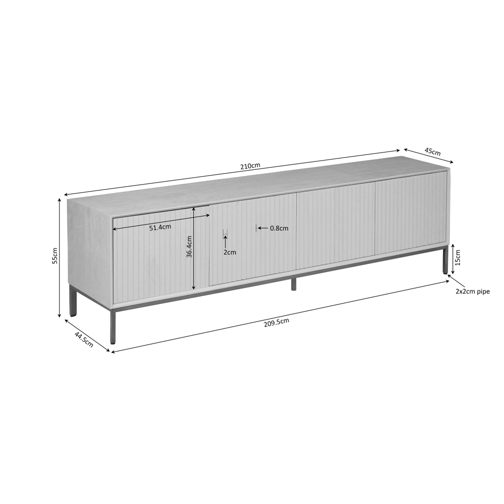 TV-Board Mandy Natur – Mangoholz mit Lamellenfront & Push-to-Open, 210 x 45 x 55 cm