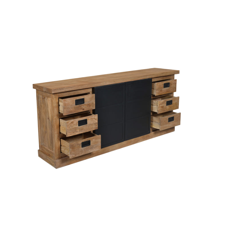 Sideboard Nizza – lackiertes Mangoholz & schwarze Metalltüren, 200 x 45 x 90 cm, modernes Design mit Holzstreifen