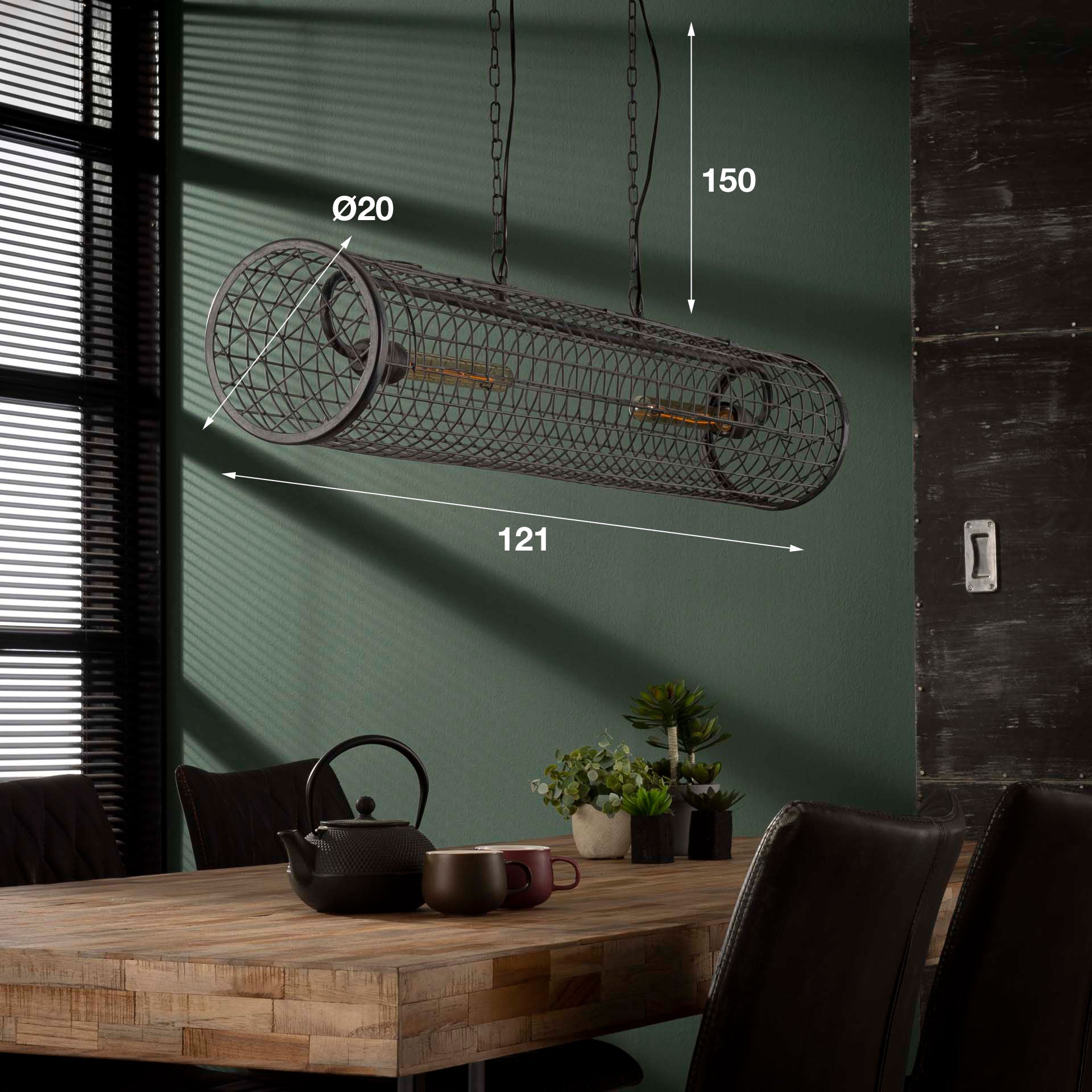 Hängeleuchte Venezia Ø20 cm Zylindergeflecht 120×20×150 cm. Industrielle Metall-Leuchte mit Netz-Design & Kettenaufhängung. Höhenverstellbar, LED E27 empfohlen.