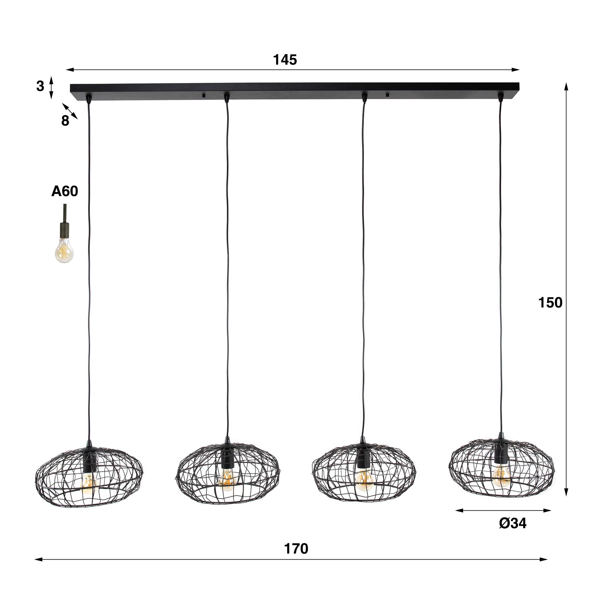 Hängeleuchte Gigi Connect XL 4-flammig 170×34×150 cm – minimalistische Metall-Leuchte schwarz-braun, höhenverstellbar