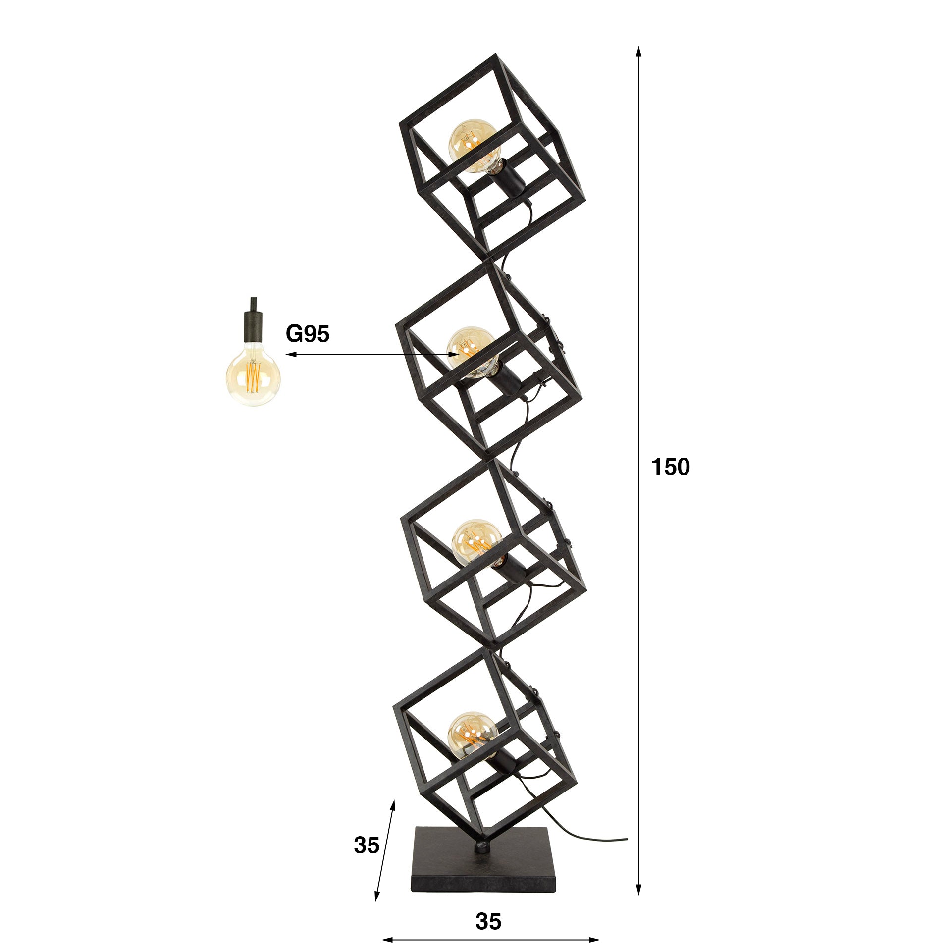 Stehleuchte Dadi 4L Würfel 35×35×150 cm – moderne Stand-Leuchte aus Metall im Charcoal-Finish, mit offenem Design, LED geeignet