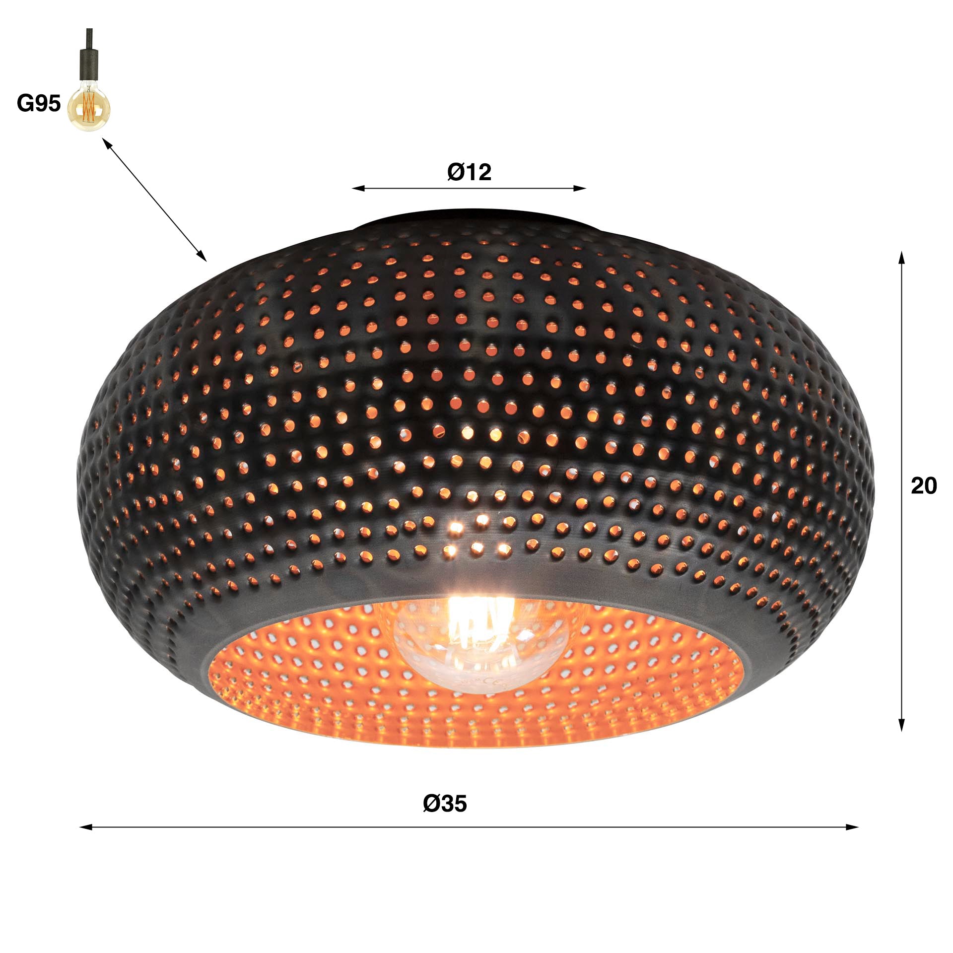 Deckenleuchte Piovere Punch Ø35 cm 35×35×20 cm – runde Metallleuchte Schwarz-Braun mit perforiertem Schirm & bronzefarbenem Innenraum