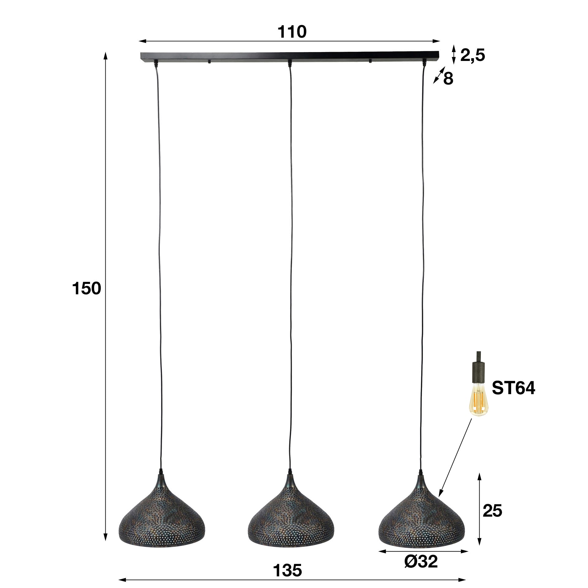 Hängeleuchte Piovere 3-flammig Ø32 cm 135×32×150 cm – Metallleuchte Schwarz-Braun mit perforierten Trichterschirmen, höhenverstellbar