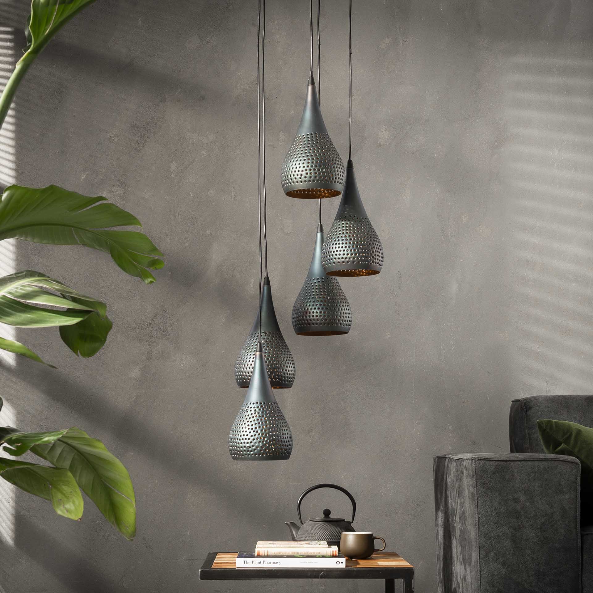 Hängeleuchte Piovere 5-flammig Ø15 cm 35×35×150 cm – tropfenförmige Metallleuchte mit bronzefarbenem Innenraum & perforiertem Design